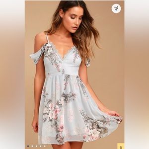 LuLus Verona Light Blue Floral Print Off-the-Shoulder Lace Dress